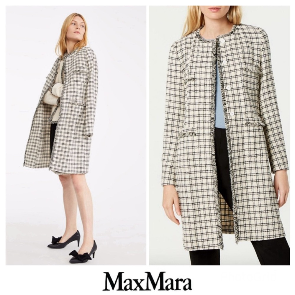 MAXMARA Weekend Anabela Checker Fringed Black White Mid Length Light Coat Sz 12